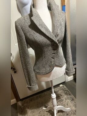 Tailored Houndstooth Asymmetric Blazer Jacket - Black & White Fitted and Sexy